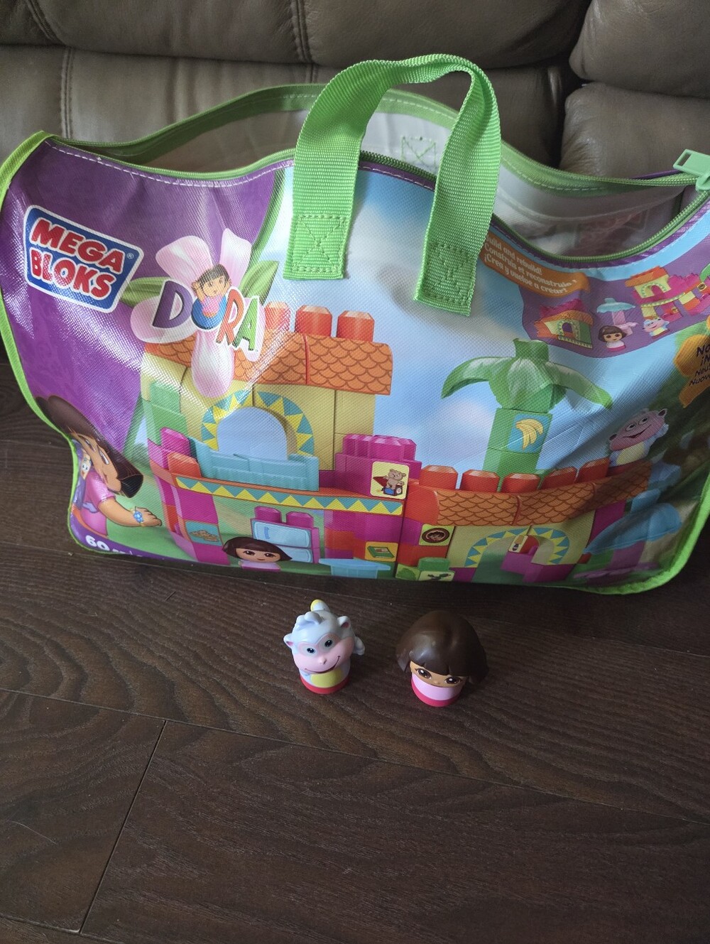 Dora Mega Blocks Set Tote Bag - Pink & Green, With Characters